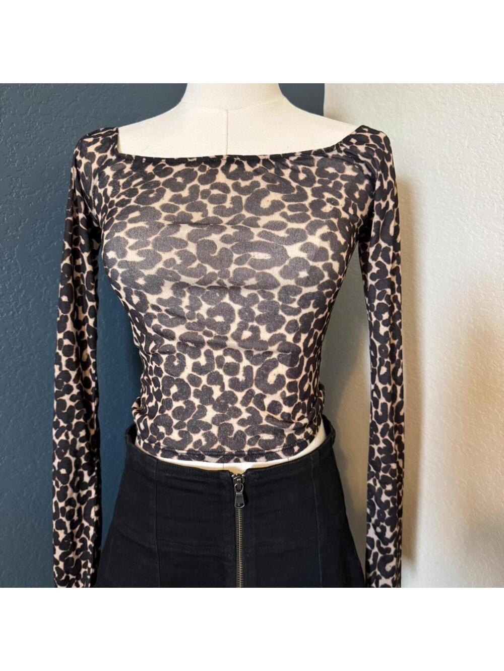 Sheer Leopard Print Off Shoulder Long Sleeve Crop Top, Small